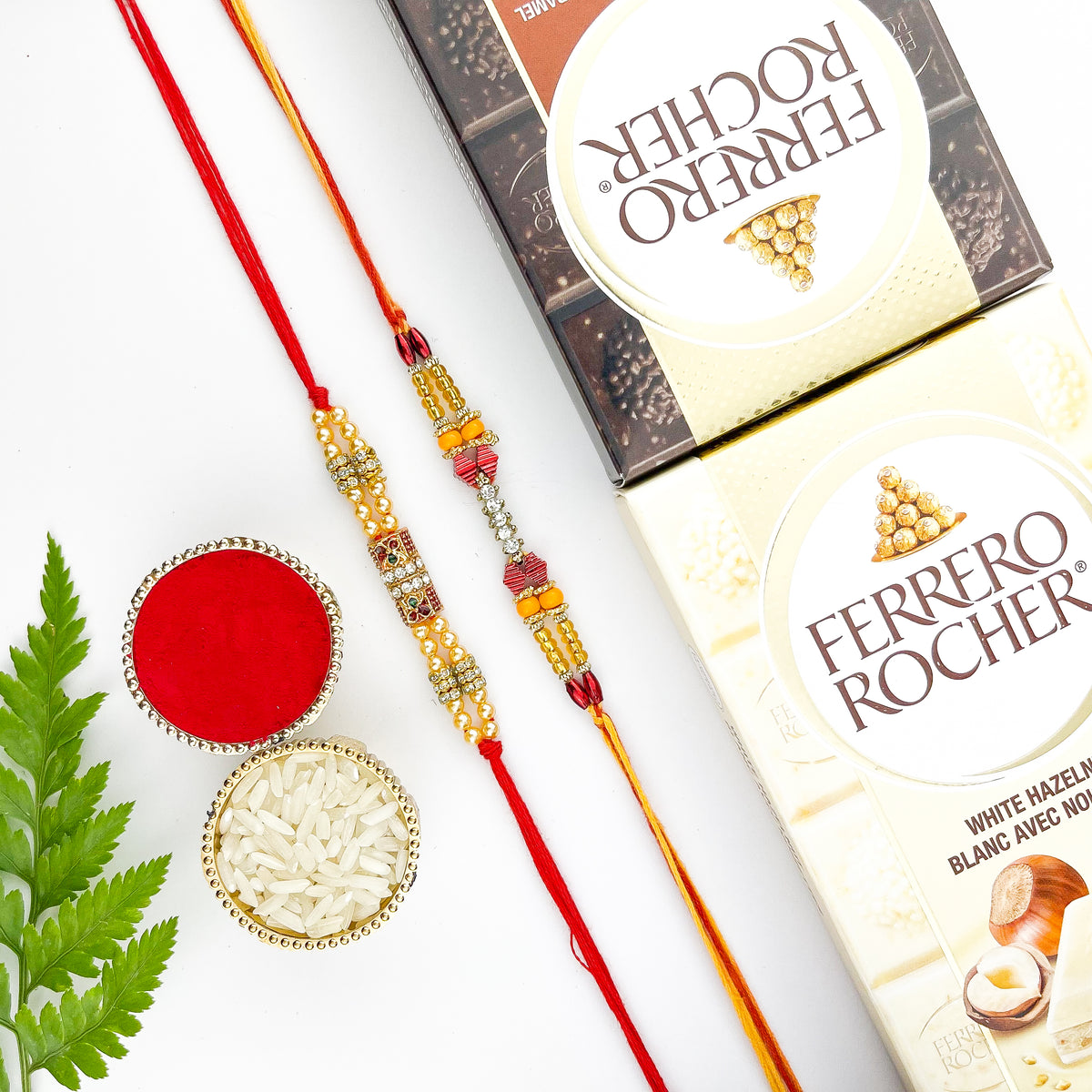 Set of 2 Traditional Rakhis with 2 Ferrero Rocher Bars
