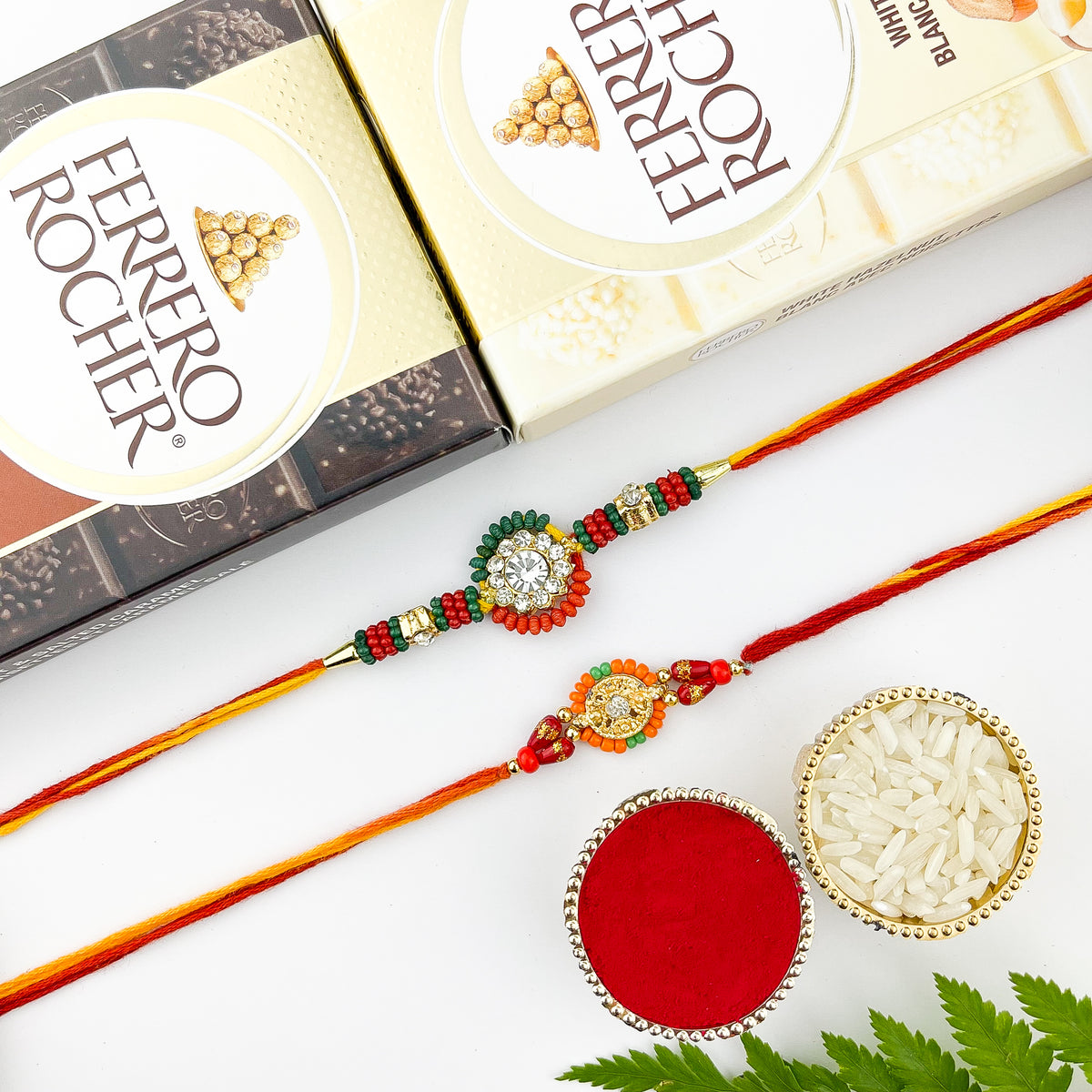 Set of 2 Traditional Rakhis with 2 Ferrero Rocher Bars