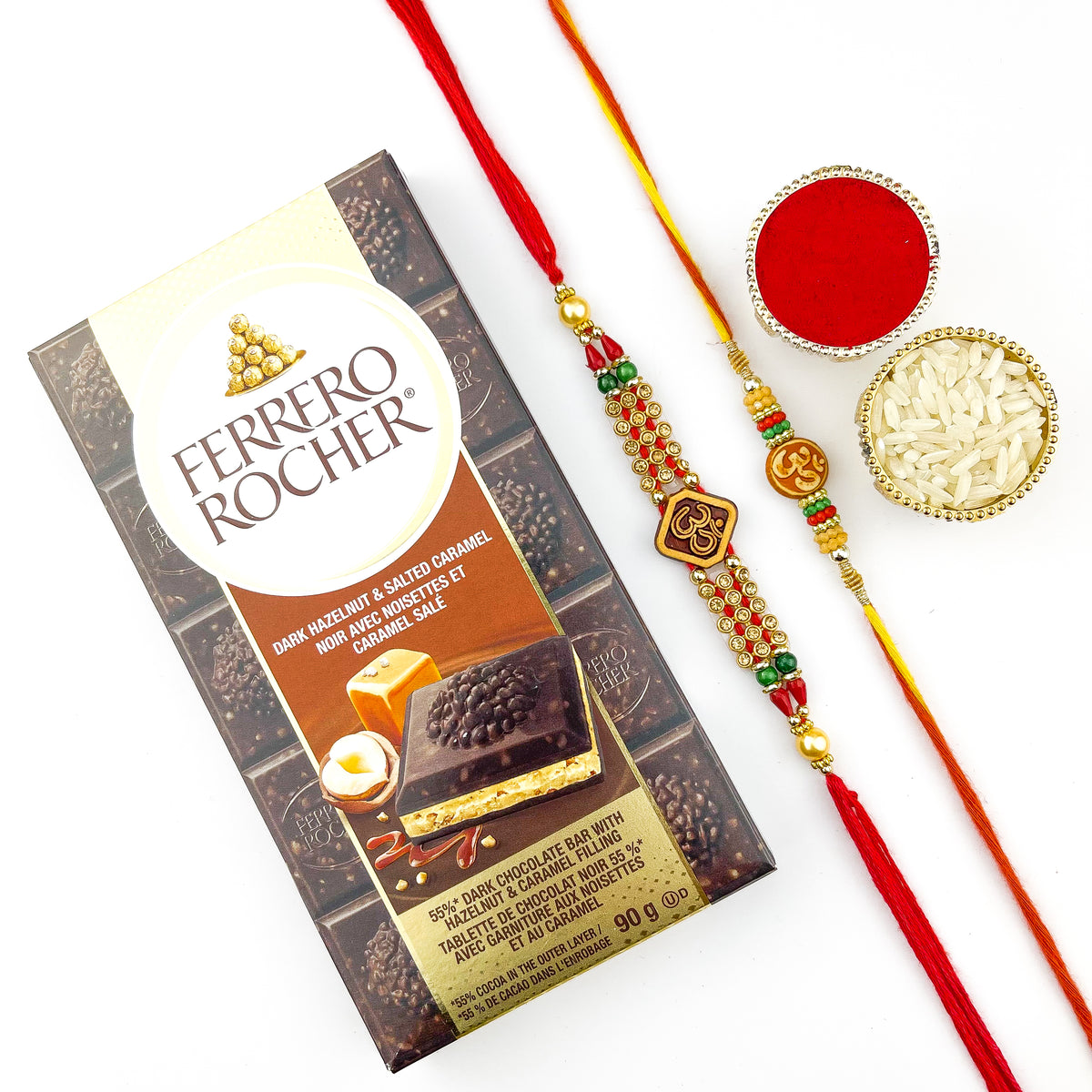 Set of 2 Traditional Rakhis with  Ferrero Rocher Dark Hazelnut Bar