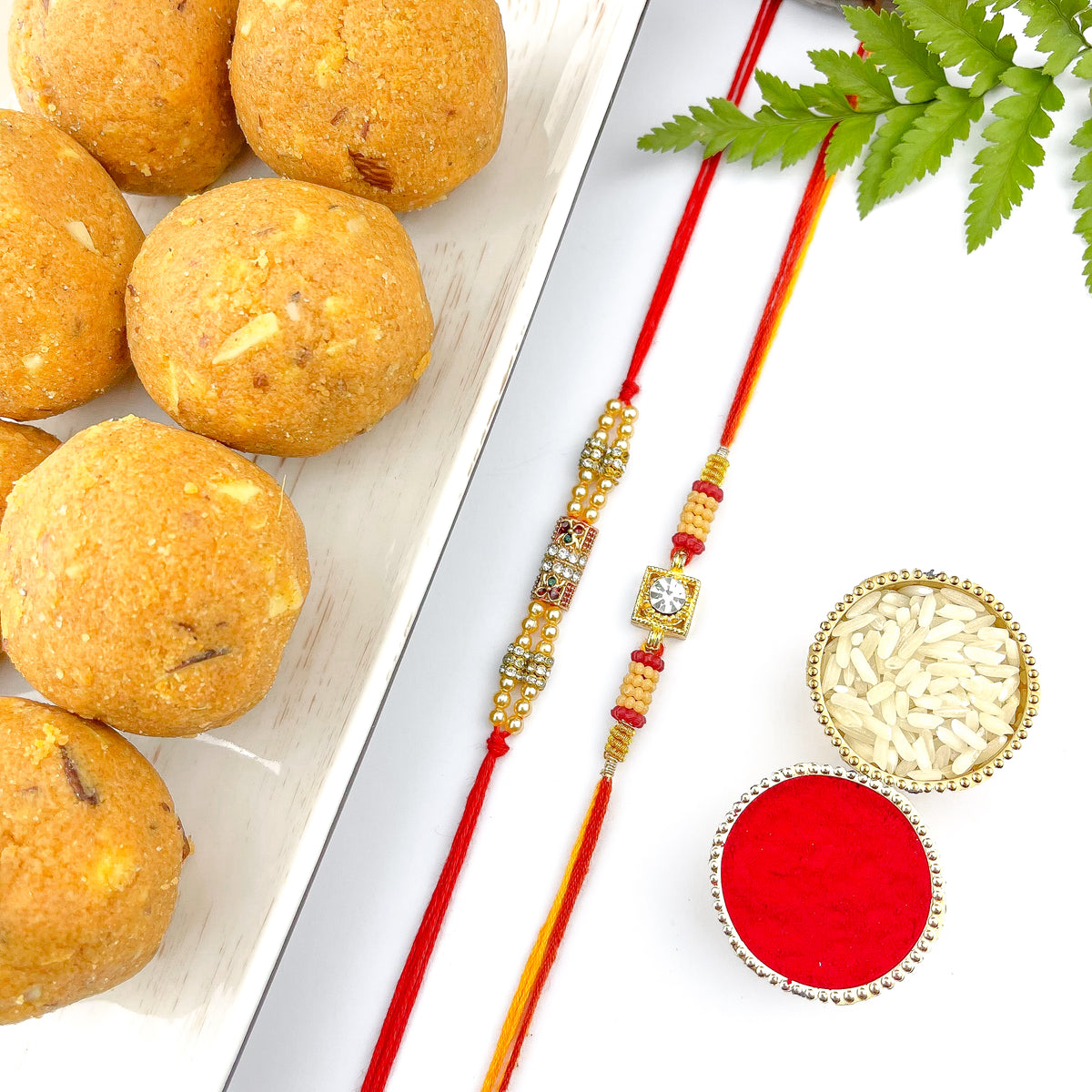 Set of 2 Traditional Rakhis with Besan Ladoo